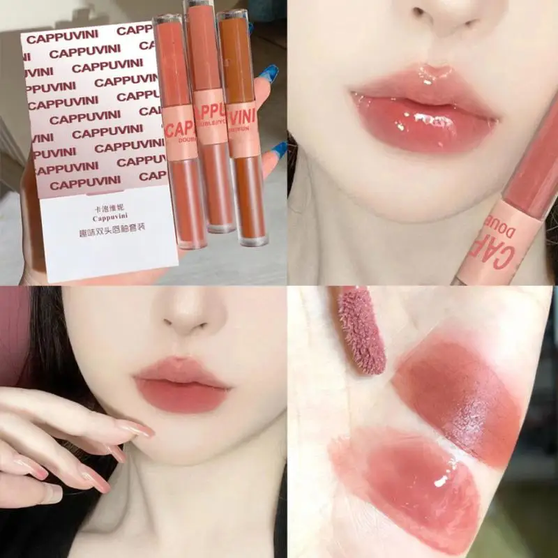 

New Update!Cappuvini Double-Headed Two Effect Lip Glaze Water Mirror Surface Glossy & Matte Non-Stick Liquid Lip Mud Tint Makeup