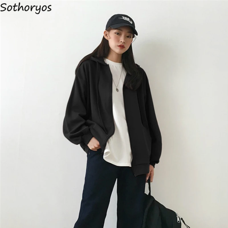 

With Hat Hoodies Women Autumn Solid Zip-up Chic Simple Outwear Womens Coats Couples Unisex Streetwear All-match Casual Ulzzang