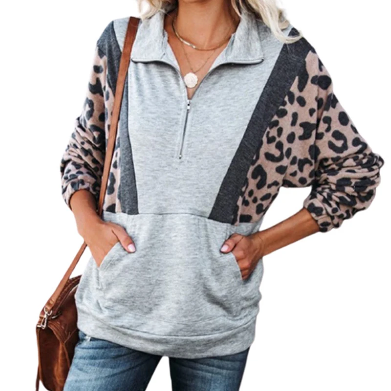 Женский свитшот с леопардовым принтом повседневный Свободный пуловер на молнии