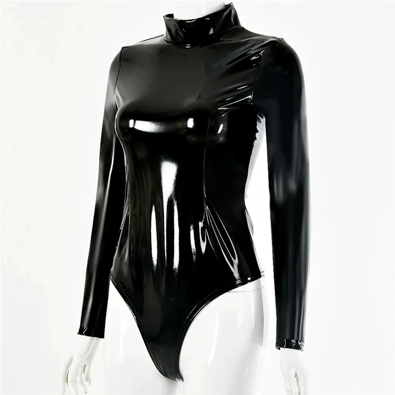 Woman Faux Latex PVC Mirror Leotard Gothic Turtleneck Long Sleeve Bodysuit Shiny Top Body Stocking Clubwear One-Pieces Shapewear |