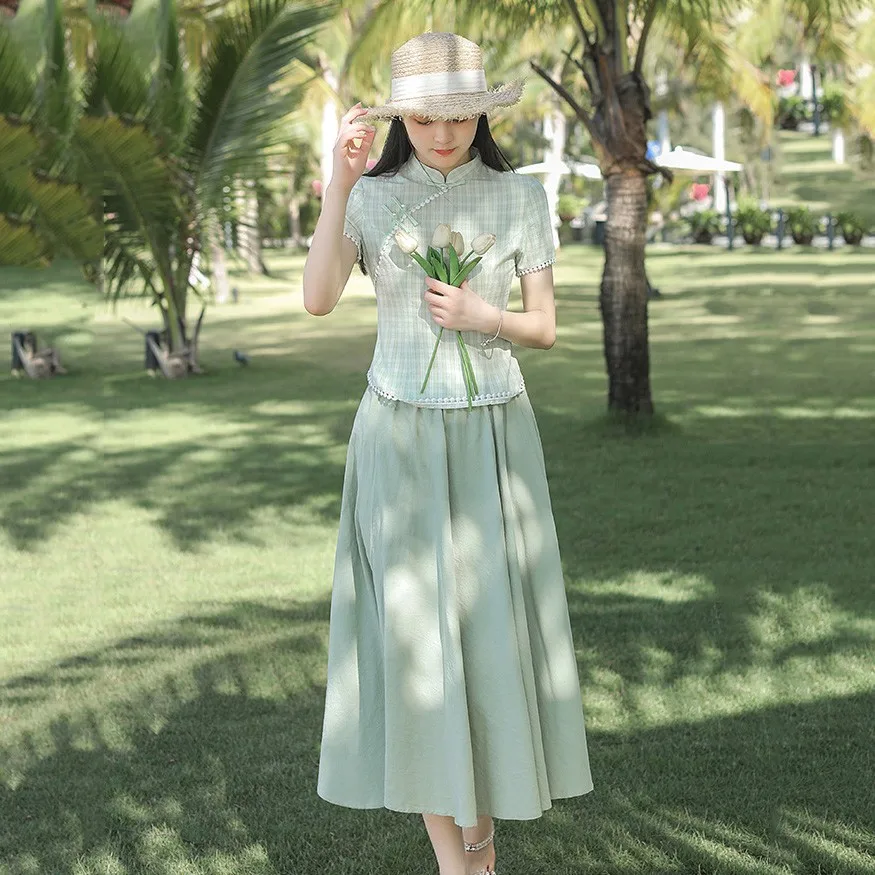 

Lady 2pcs Lattice Cheongsam Light Green Plaid Mandarin Collar Qipao Slim Lace Vintage Button Chinese Dress Short Sleeve Vestidos