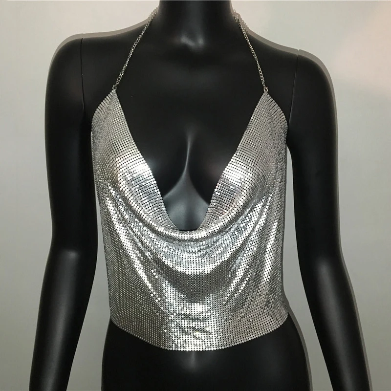 2021 Low Cut Sequins Cropped Top Camis Women Fashion Sexy Hollow Out Backless Celebrity Luxury Solid Short Party Tops Nightclub | Женская