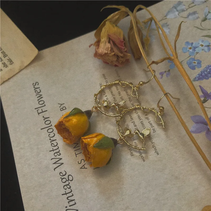

Minority Wen Wan Earrings Senxi Garden Exquisite Retro Long Rose Eternal Flower Real Flower Earrings Hook Fashion Jewelry