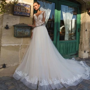 Elegant Vestidos De Novia See Through Wedding Dress 2021 A-Line Long Sleeves Tulle Appliqued  Boho Bidal Dresses Robe De Mariee