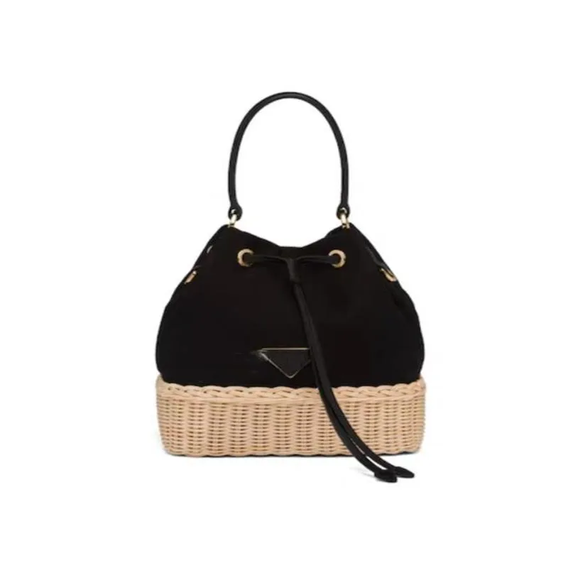 

Spring and summer new women's canvas leather woven stitching drawstring handbag bucket bag pineapple bag 2020