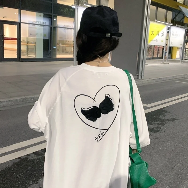 

Wings T-shirt Loose Mid-Length Summer Korean Style T Shirt Plus Size Women Tshirt Kawaii Aesthetic Couple Clothes Streetwear Top
