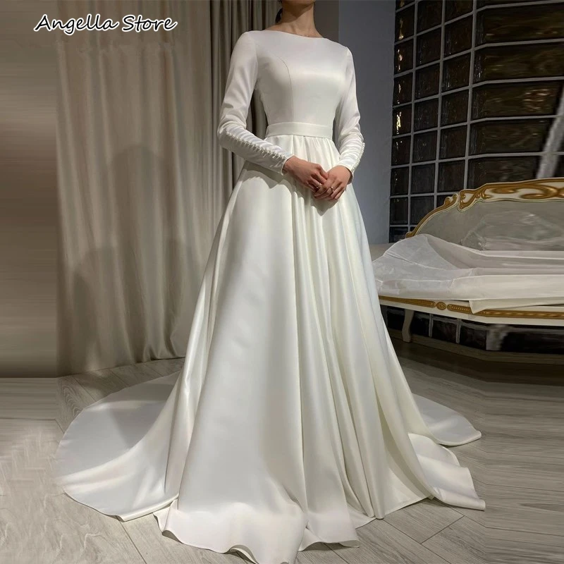 

Simple White Satin Wedding Dresses Long Sleeve A Line Muslim Bridal Gowns 2021 Beaded Pearls Custom Made Vestidos De Novia