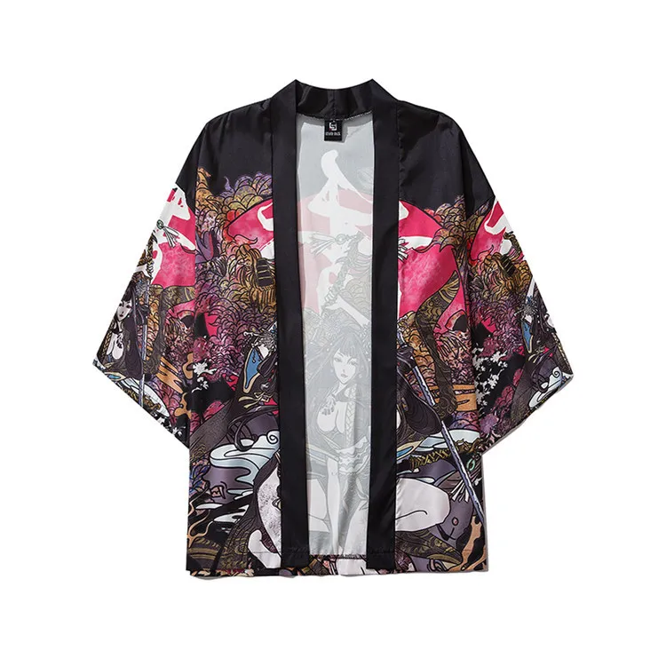 Японский Kimonos Харадзюку Мужская аниме печать Свободная рубашка женский кардиган