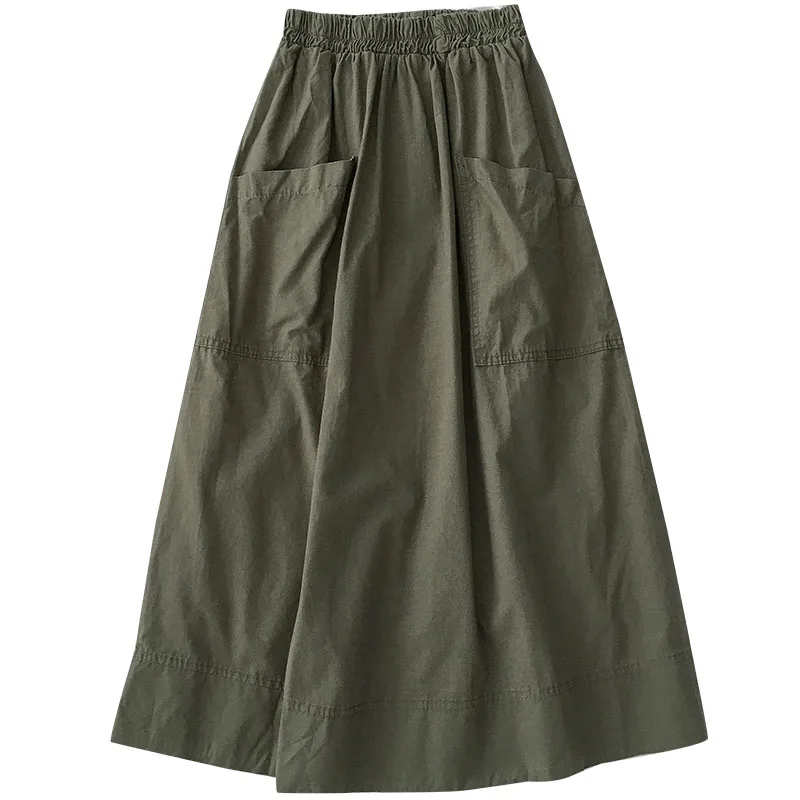 

Elastic Women Skirts Solid Pocket A-Line Pleated Knee-Length Casual All Match Female Clothing Top Quality