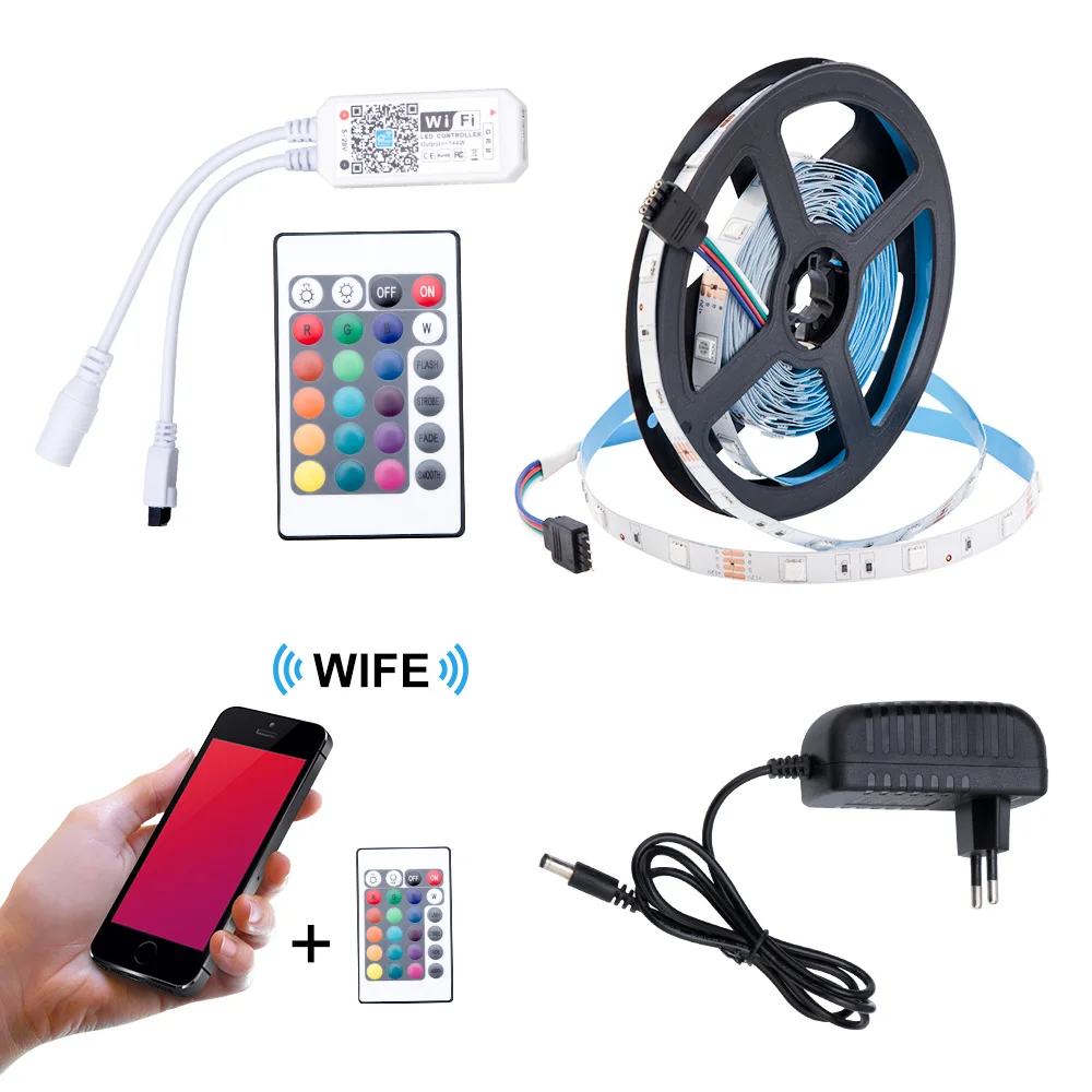 Светодиодный светильник 2835 SMD RGB лента 5 м 10 м 15 м DC12V 3528 Гибкая RGB Светодиодная лента e лента Диод+ 24Key контроллер+ адаптер EU