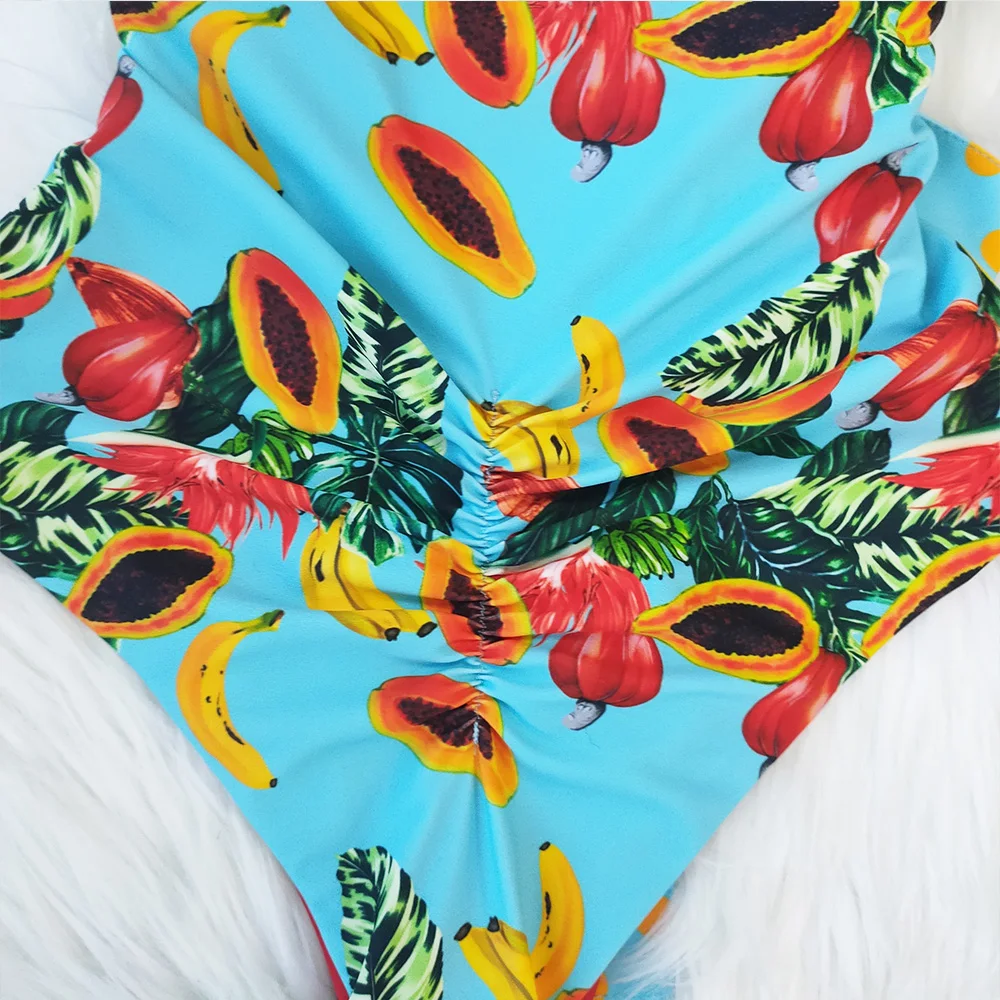 

2021 New Sexy V-Neck Lace One Piece Swimsuit Ruffle Swimwear Women Bandage Bathing Suit Beachwear Print Monokini Swim