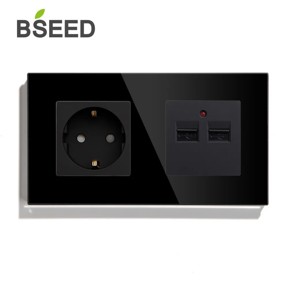 BSEED розетка стандарта ЕС с двойным USB зарядным устройством, настенная розетка, белая, черная, стеклянная панель с кристаллами 100-240 В