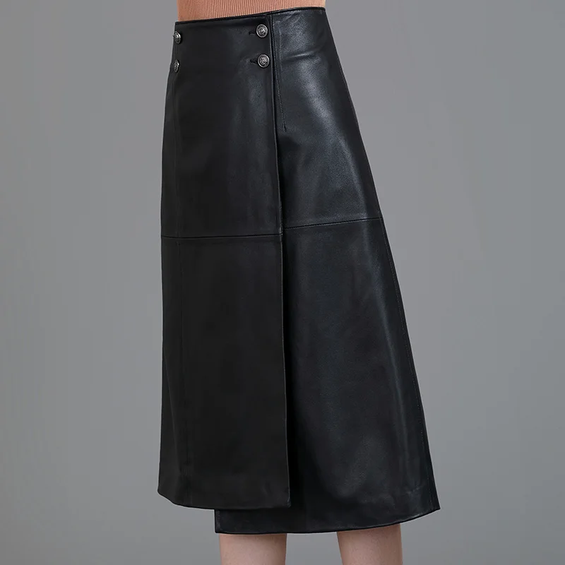 

Half skirt design sense small irregular new sheepskin long skirt for women one piece winter leather skirt