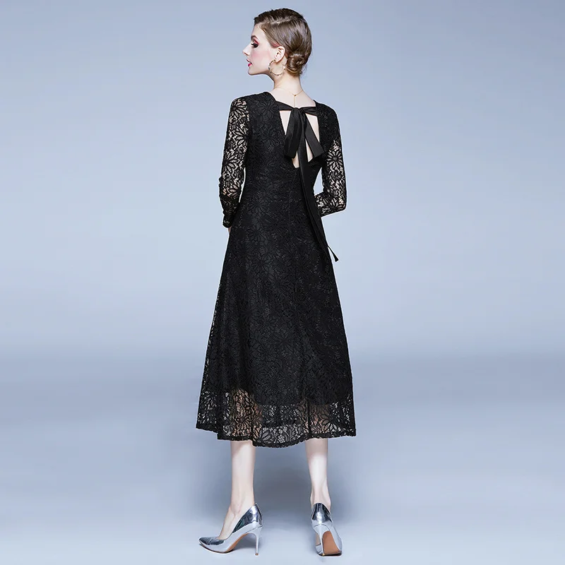 Винтажное Черное Кружевное Платье миди DROWYD повседневное модное женское платье в