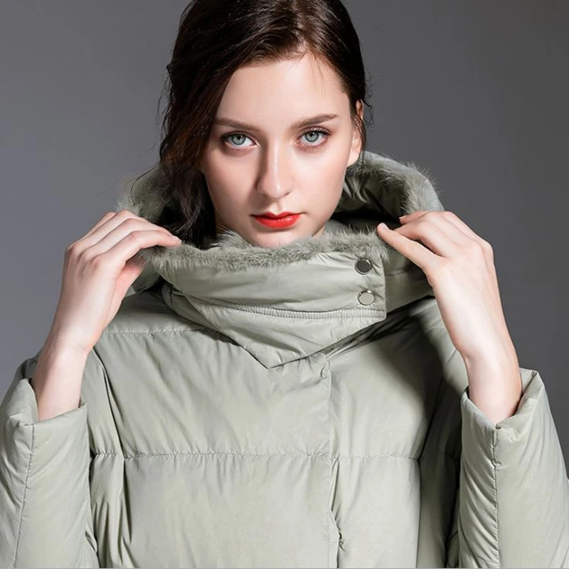 New style long down jacket Women wool collar thick Parcel type coats with a hood female duck clothes medium black overcoat | Женская