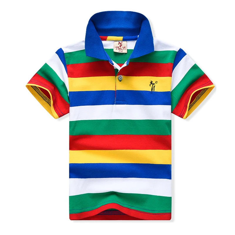 

New Boys Striped Summer T-Shirts School Children Clothing Cotton Short Sleeve Turn-down Collar Buttoned Sports Tees Size 2-12Yrs