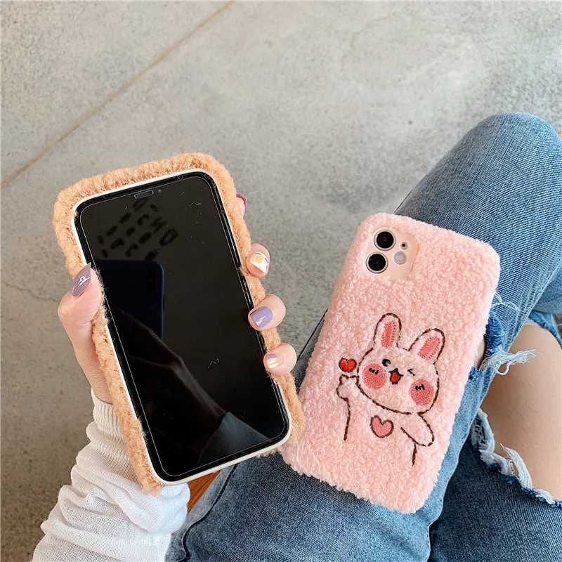 Чехлы для iPhone 12 Pro Max с вышивкой мультяшный кролик зимний плюшевый чехол XR XS 11 7 8 Plus