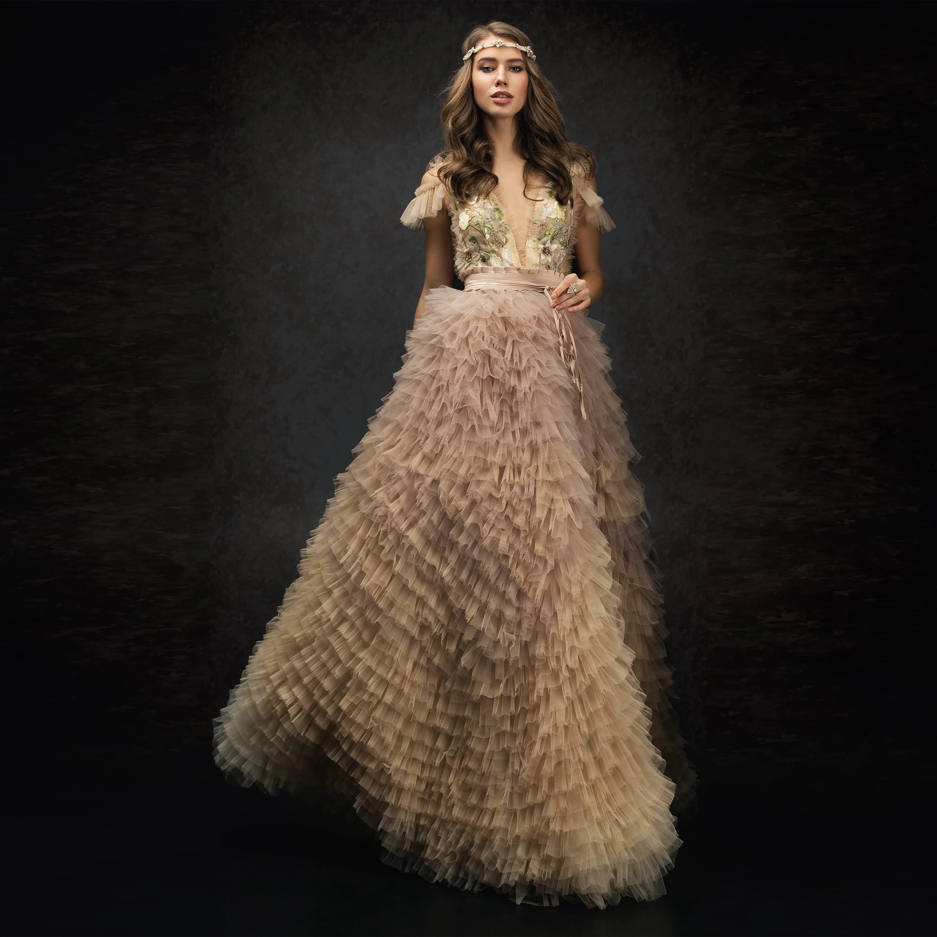 

Prom Dresses Long Evening Off Shoulder Applique Beaded 3D Flowers Prom Dress Champagne Ombre Evening Dress With Floral Pattern