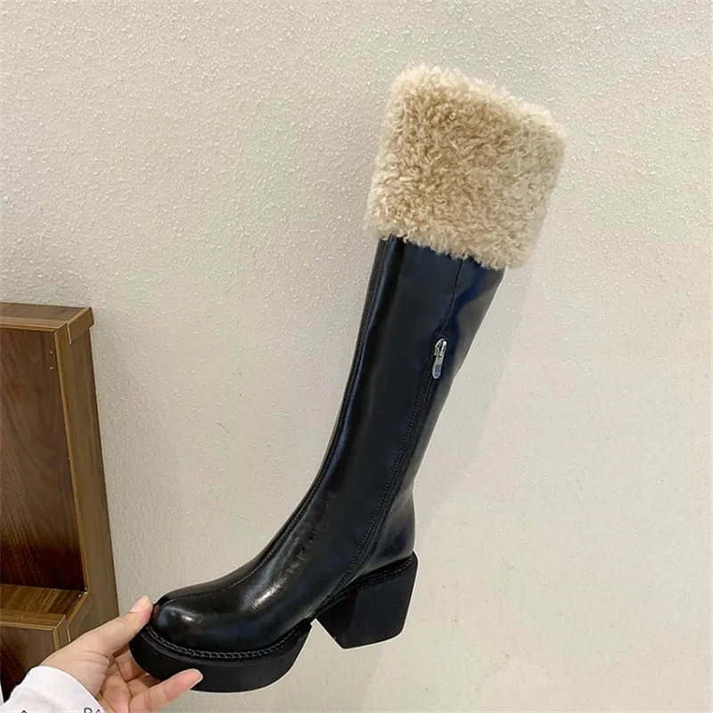 

2021 Winter New Boots Women's Fashion Shoes Round Toe Square Heel Imitation Wool Thick Heel Full Cowhide High Boots Knight Boots