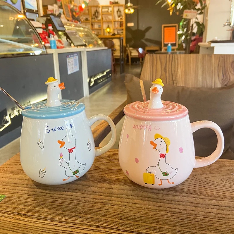 

New Style Refueling Duck Cartoon Pot-bellied Ceramic Mug Cute and Fresh Funny Coffee Cups with Lid Best Friend/Couple Gift