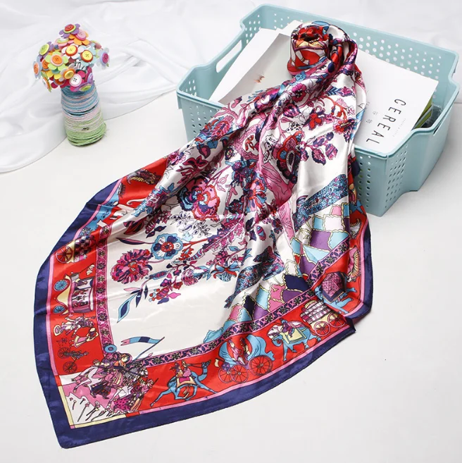 

90*90cm Silk Flower Floral Scarves Women Foulard Square Hijab Scarf Ladies Satiny Shawl wrap muffler pareo female hijab poncho