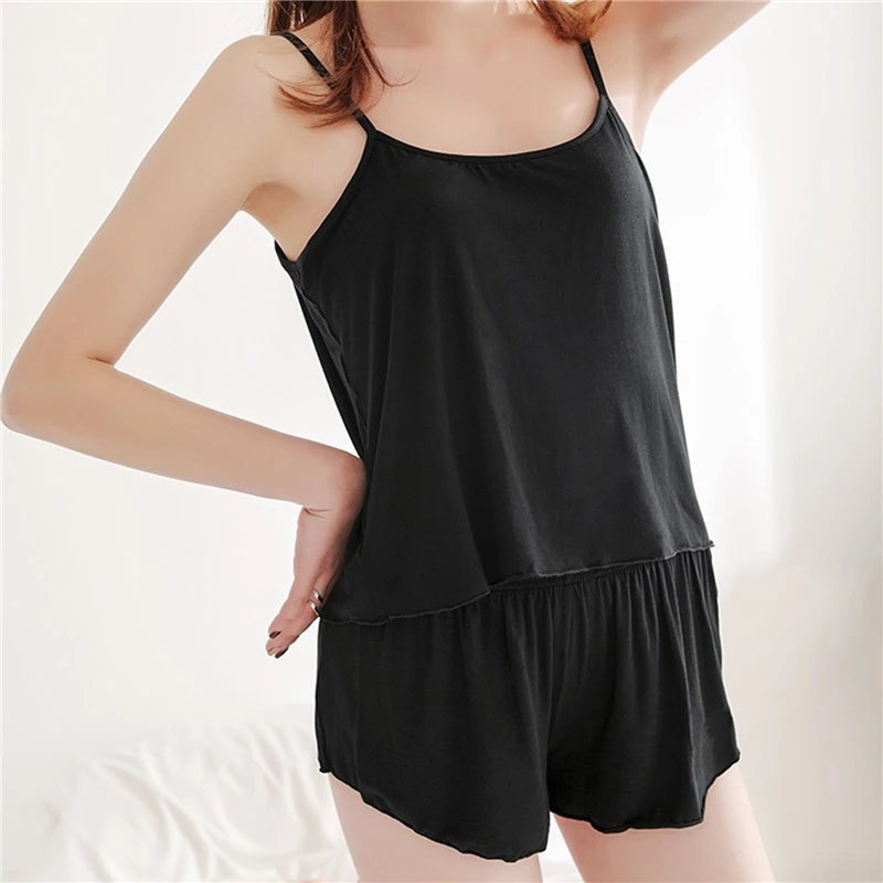 

Summer Women's Sexy Pajamas Suit Suspender O-neck Top + Short Pants Sleepwear 2-piece Set Soft Comfortable Nightwear