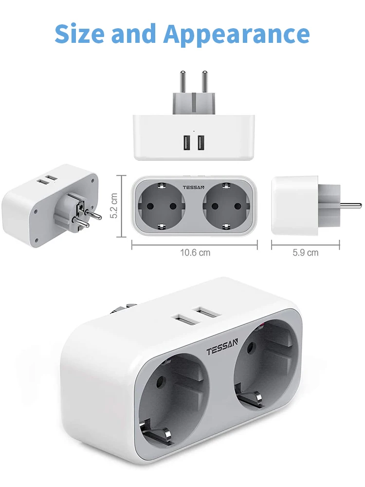 Сетевой адаптер TESSAN серый/белый/черный с 2 розетками переменного тока и USB-портами
