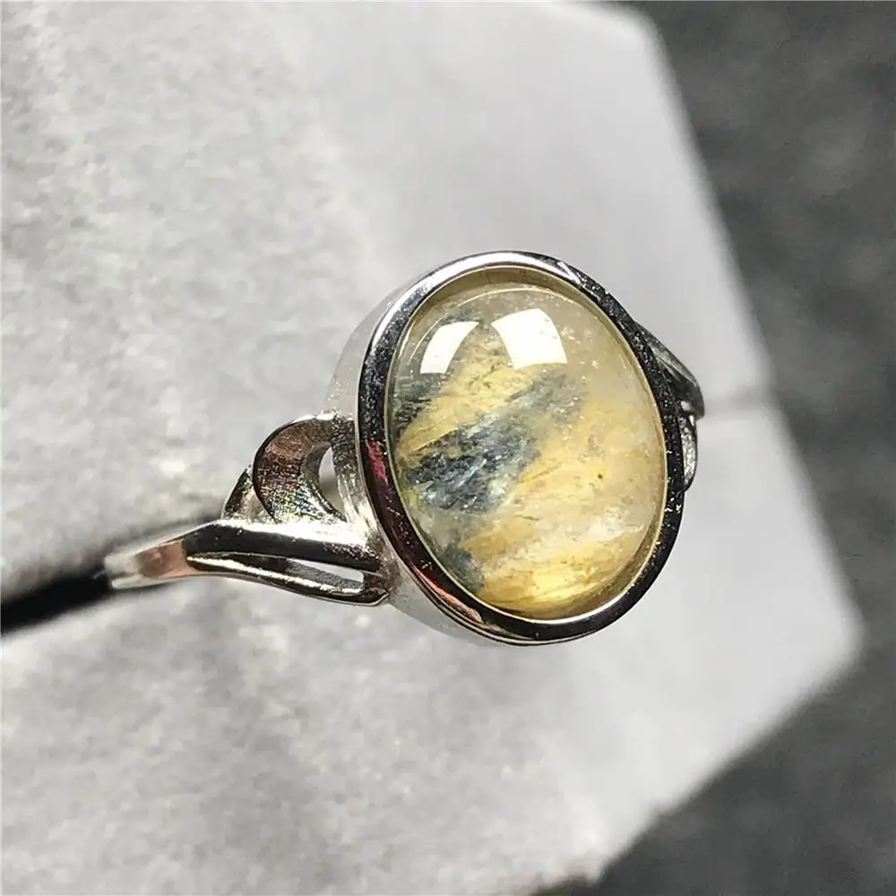 12x10mm Natural Gold Rutilated Ring For Woman Lady Man Crystal Beads Silver Quartz Gemstone Adjustable Size Jewelry AAAAA | Украшения и
