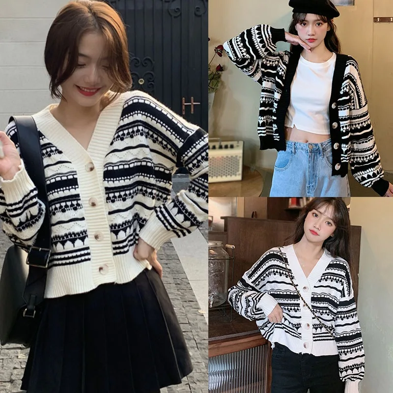 

2020 Korean V-neck stripe casual Short Knit long Sleeve Cardigan Jacket Size