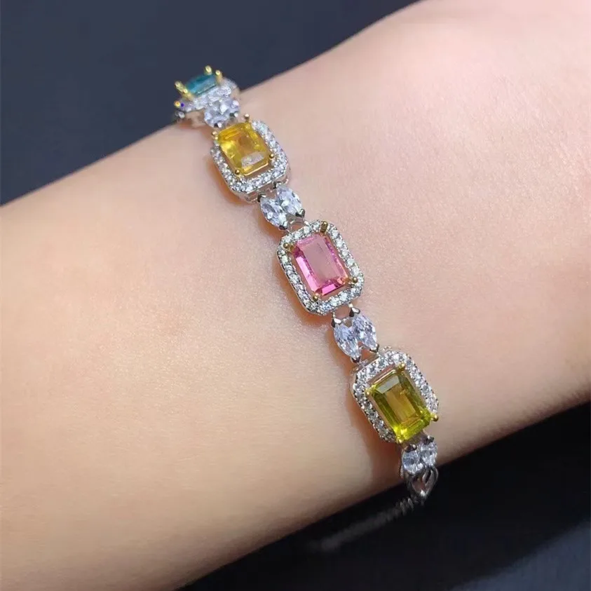 

KJJEAXCMY Fine Jewelry 925 Sterling Silver Inlaid Natural Tourmaline Women's Luxury Fashion Square Gem Hand Bracelet Gifts Party