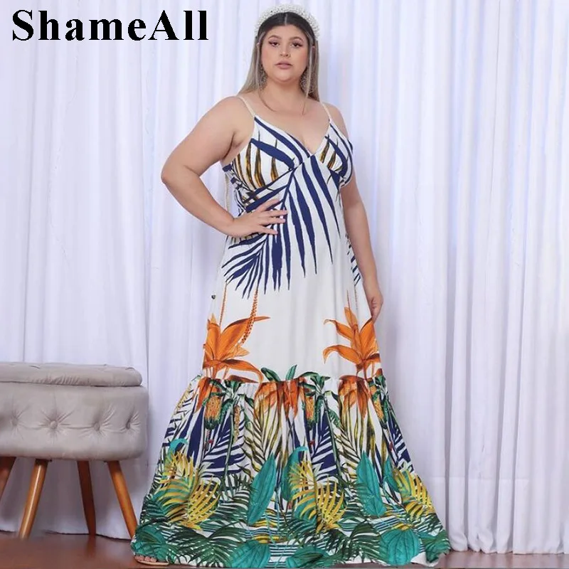 

Plus Size Floral Print Vintage Casual Strap Beach Dress 4XL Summer Sleveless Pleated Ruffles Hem Backless A-line Long Maxi Dress