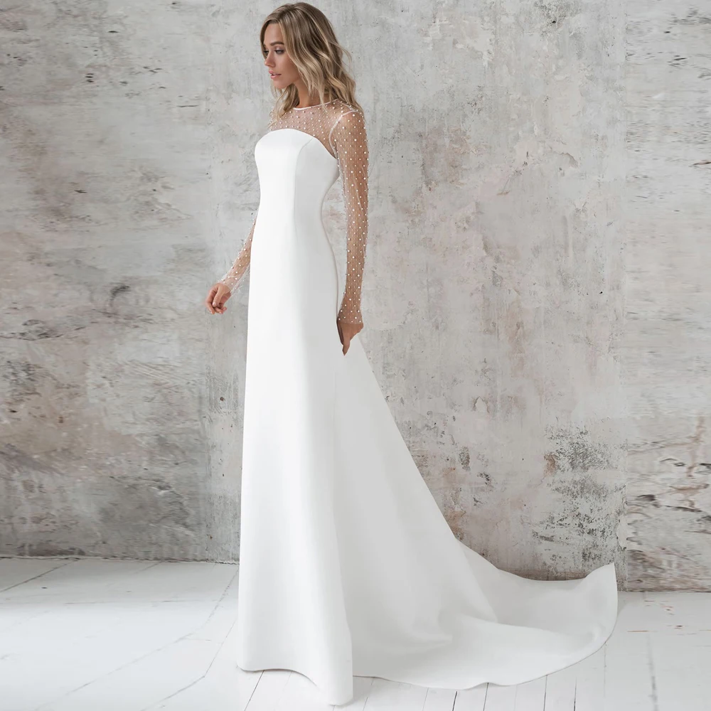

Vestidos Elegant Wedding Dresses Satin Pearls Bateau Full Sleeve Covered Button A-Line Bridal Gowns