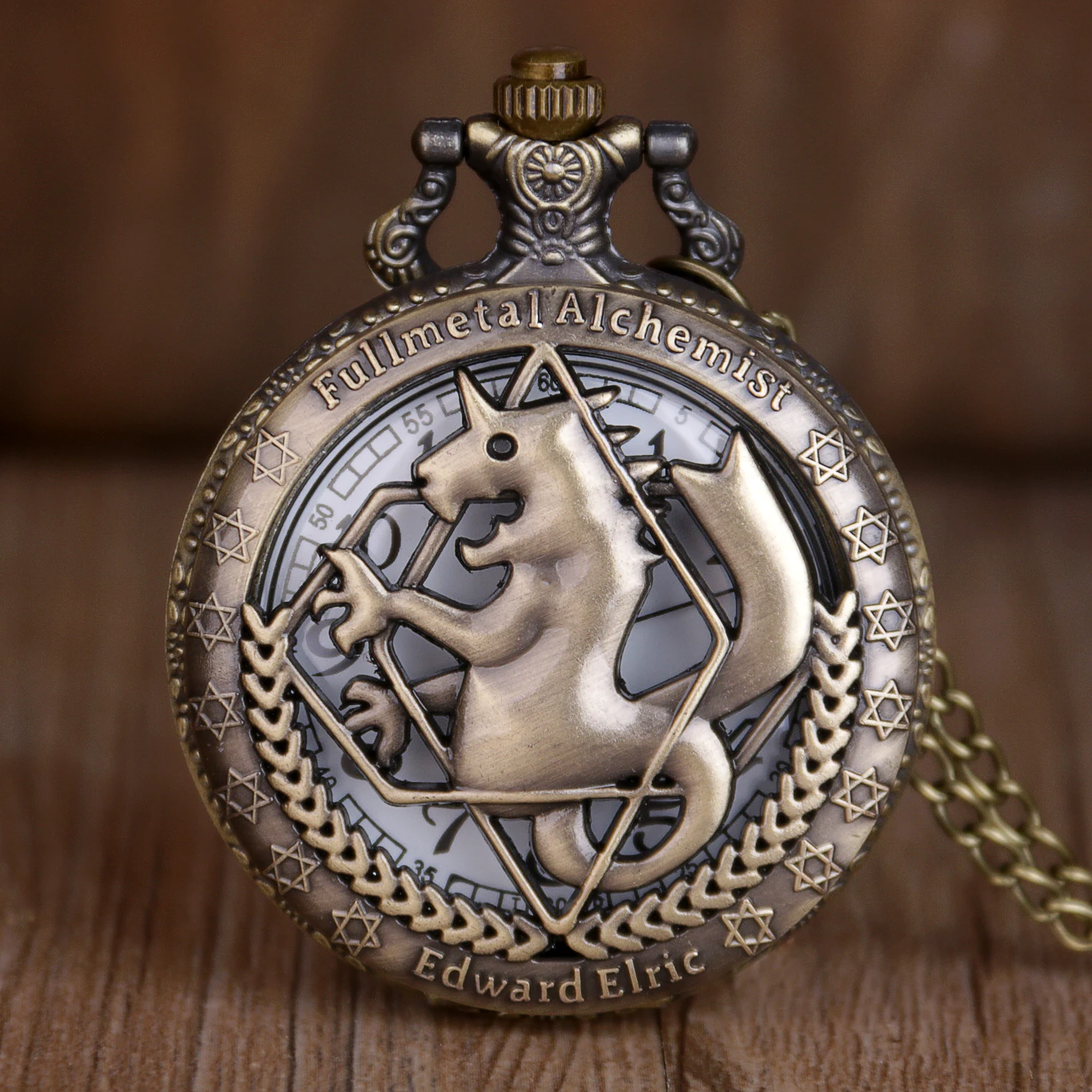 Bronze Hollow Pocket Watch Cosplay Edward Elric with chain Anime boys Gift wholesale | Наручные часы