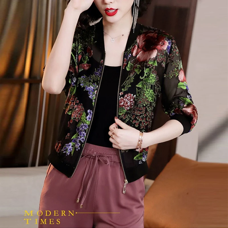 Женская шифоновая куртка-бомбер черная Свободная куртка с кружевным принтом и