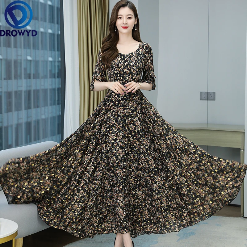 

Женское шифоновое платье-трапеция, винтажное повседневное облегающее пляжное платье в стиле бохо, с цветочным принтом и круглым вырезом, ле...