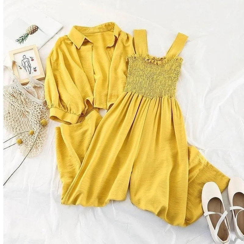 

Summer 2 Piece Sets Womens Outfits Turn Down Collar Short Sleeve Shirt Tops + Sexy Slim Elastic Waist Wide Leg Jumpsuit X2