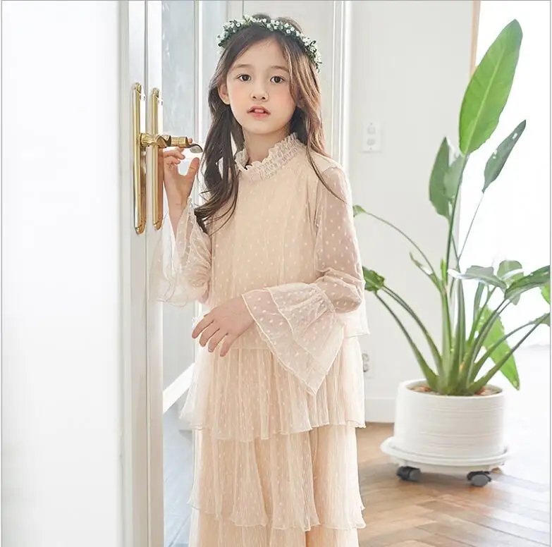 Кружевные платья с бантом для девочек 2019 осеннее детское платье длинными