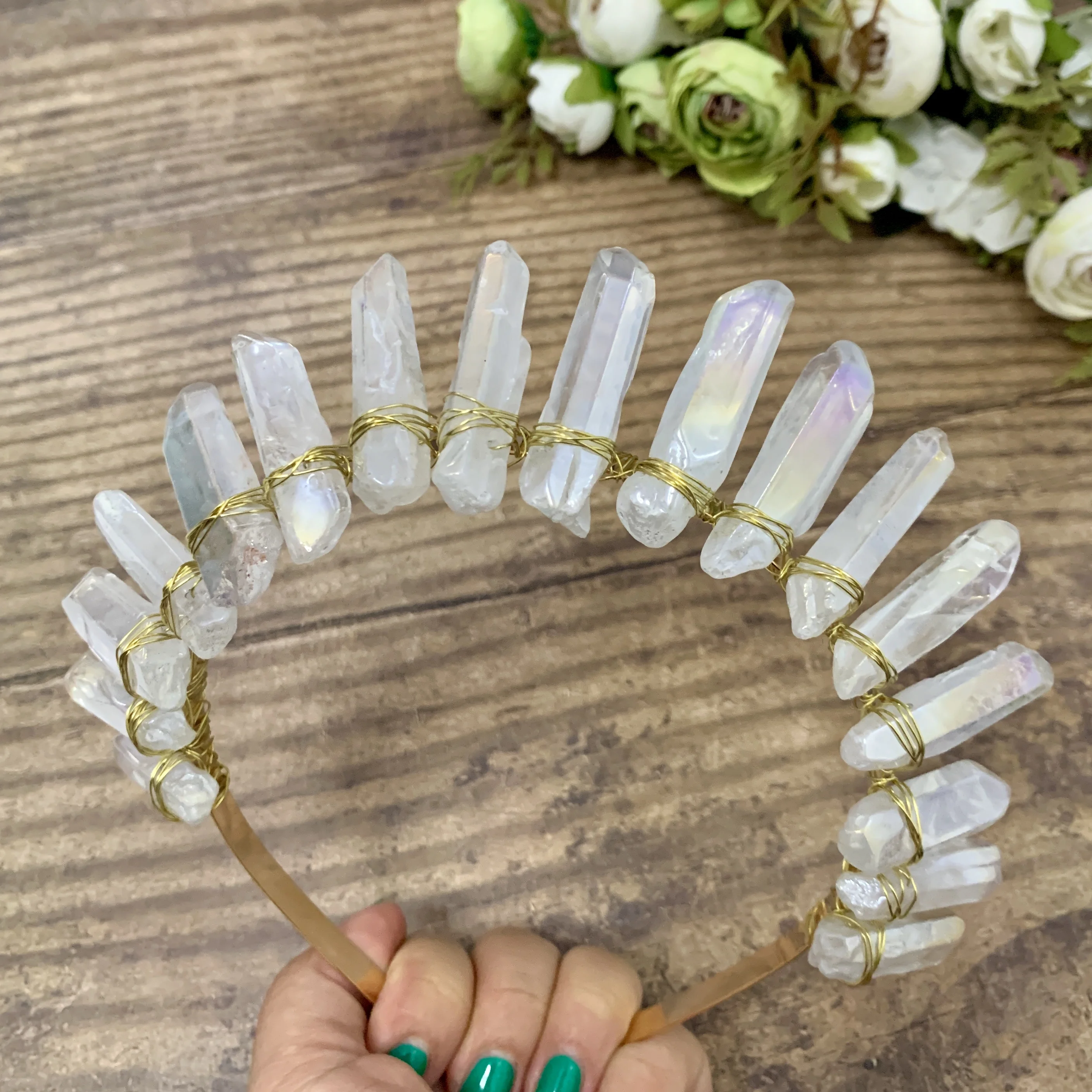 

Корона из белого необработанного кристалла, кварцевый головной убор, Золотая повязка на голову, Wicca корона, ювелирные изделия, свадебная тиа...