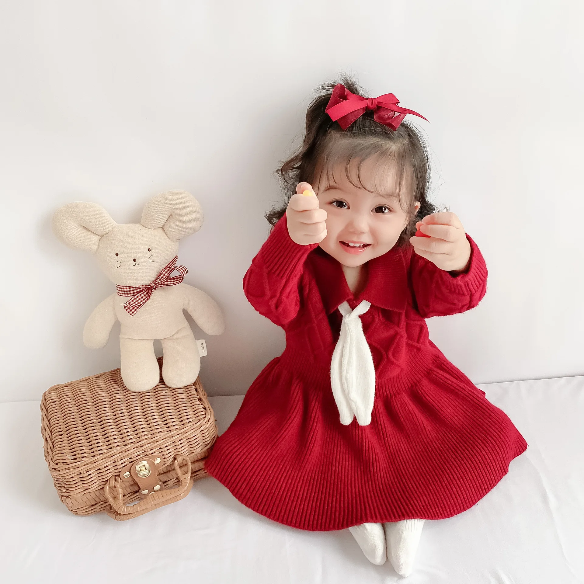 

Вязаное платье для маленьких девочек на осень и зиму, платье-свитер с бантом и длинным рукавом и отложным воротником для принцессы, Детский ...