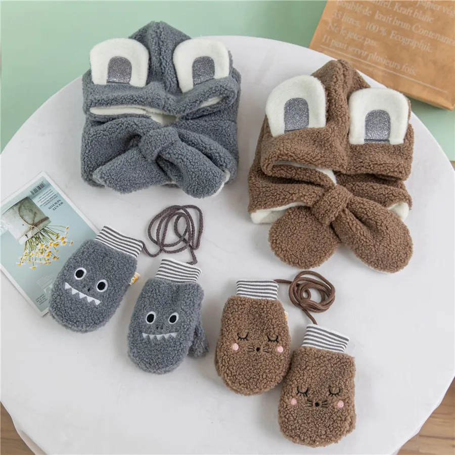 

Winter New Cute Children's Hat Cartoon Rabbit Ears Warm Thick Plush Gloves Scarf Three-Piece Set