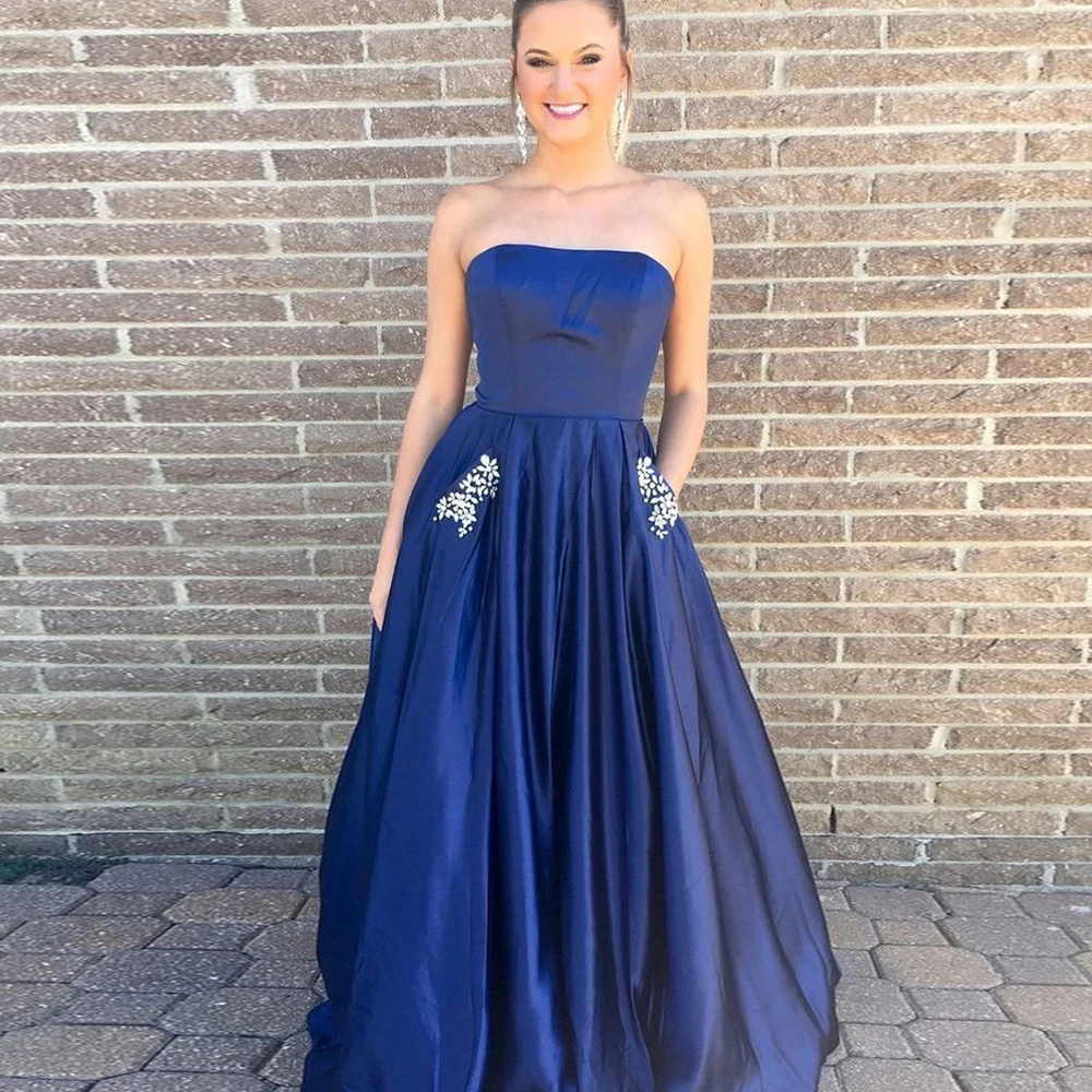 

Strapless Princess Evening Dress Long Luxury 2021 Elegant Backless with Beaded Pockets Ball Gown Simple Plus Size robe de soire