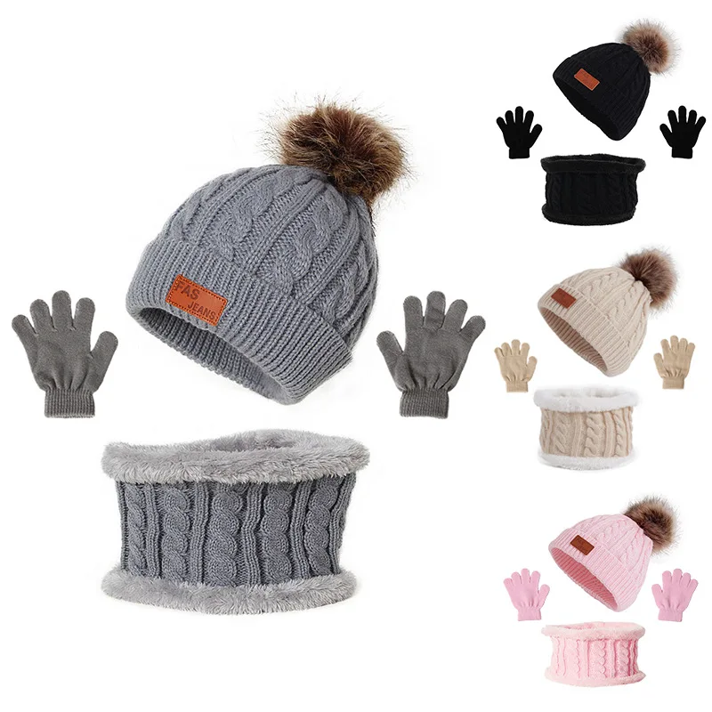 Cute Baby Hat Scarf Gloves Suit Set Beanie Cap Children's Hats Girls Fake Ball Pompon Plush Keep Warm Winter Knitted Skullies | Детская