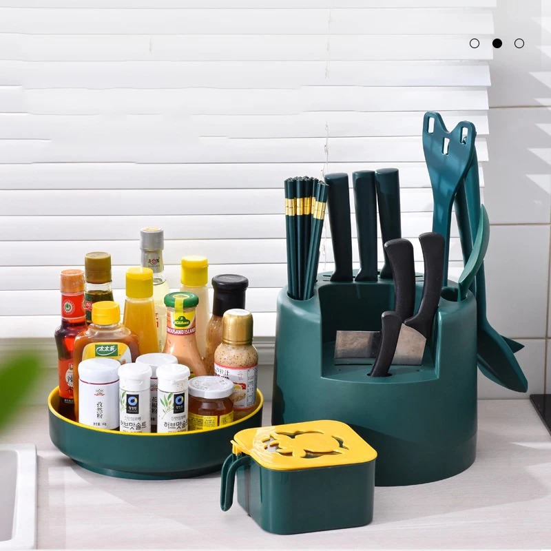 

Rotating Spice Rack Non-skid Spice Storage Tray Kitchen Utensil Holder Knife Stand Tableware Drain Storage Box Kitchen Organizer