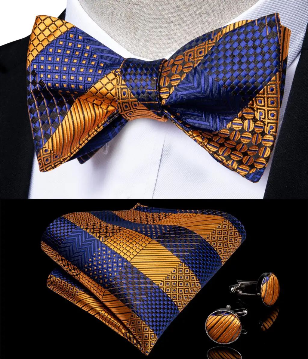 

Fashion Men's Bowtie Gold Blue Striped Designer Ajustable Butterfly Gift Bowtie For Men Silk Wedding Groom Party DiBanGu LH-086