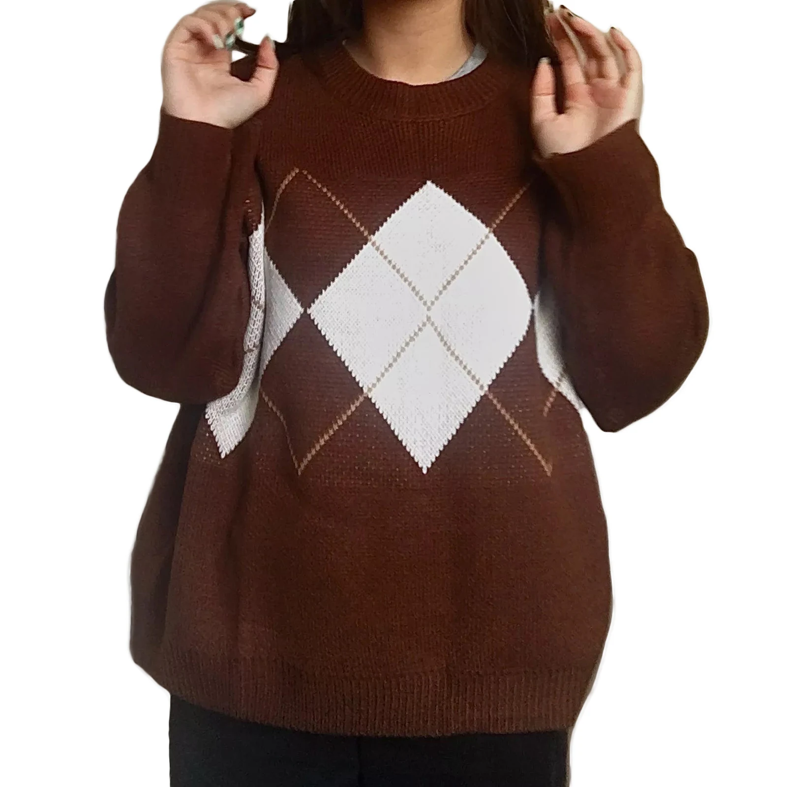 

2021 Women Crew Neck Oversized Sweaters Casual Long Sleeve Argyle Print Knit Pullovers for Home Wear Leisure Time Shopping