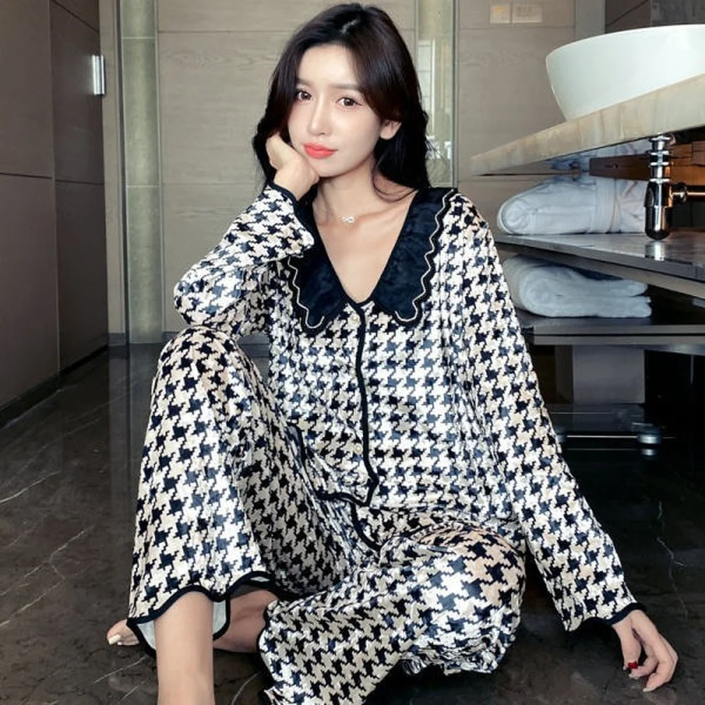 Gold Velvet Pajamas for Women Autumn and Winter Long Sleeves Casual Home Wear Suits Sleepwear Women's Pajamas Set pijama mujer