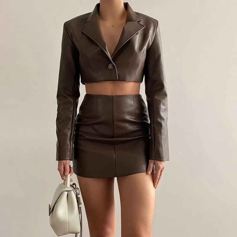 

Faux PU Leather 2 Piece Set Punk Style Women Skirt Single-Breasted Long Sleeve Jacket Top Solid Slim High Waist Matching Sets