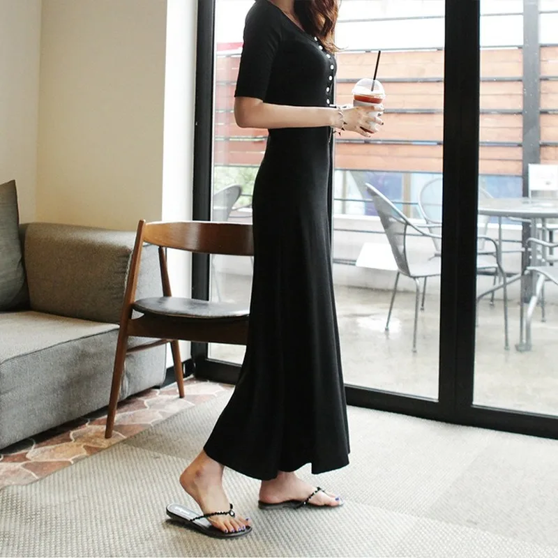

2020 Spring and Autumn New Women's Dress Elegant Simple Casual Round Neck Solid Color All-match Long Sleeve Slim-fit Dress