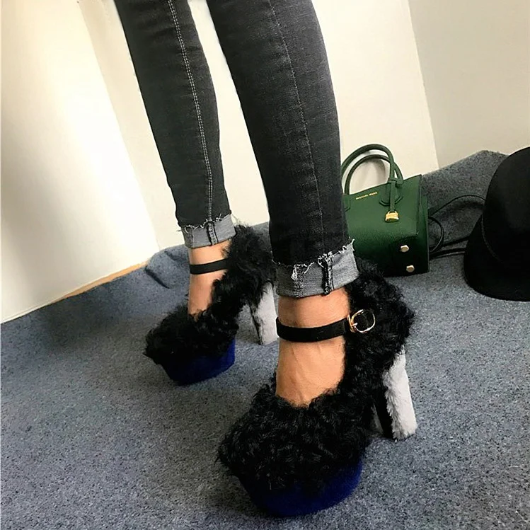 

Qiu Dong style true wool string color ultra high heel women's shoes round head thick heel waterproof platform women's shoes