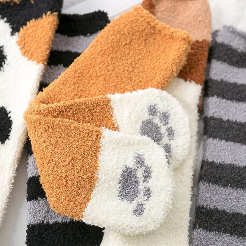 Симпатичная кошачья лапа зимние носки из кораллового флиса Длинные теплые